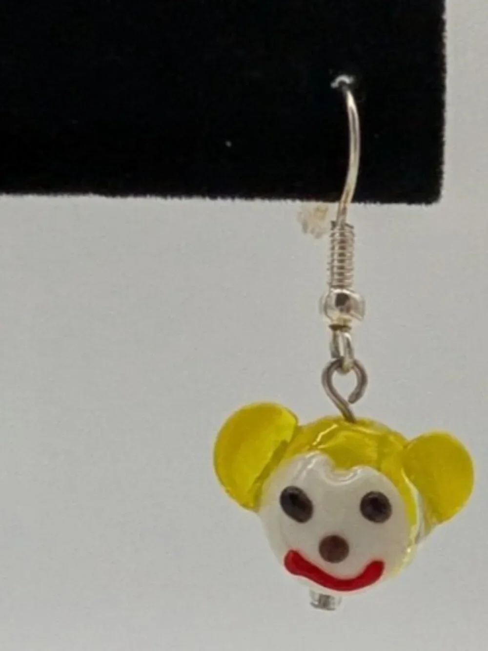 funky glow in the dark art glass beads monkey face dangle earrings yellow clown